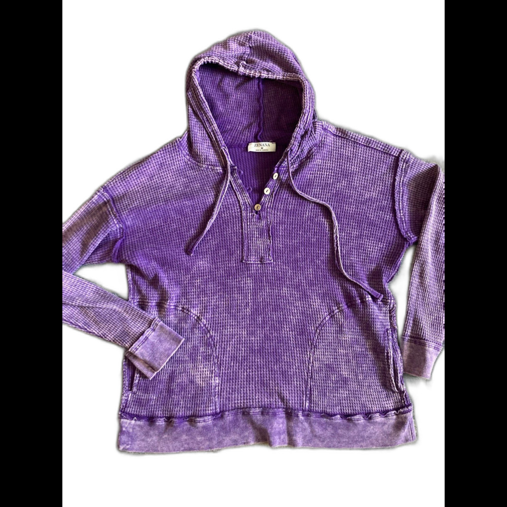 Zenana Purple Acid Washed Hooded Top Henley Hoodie Womens Medium